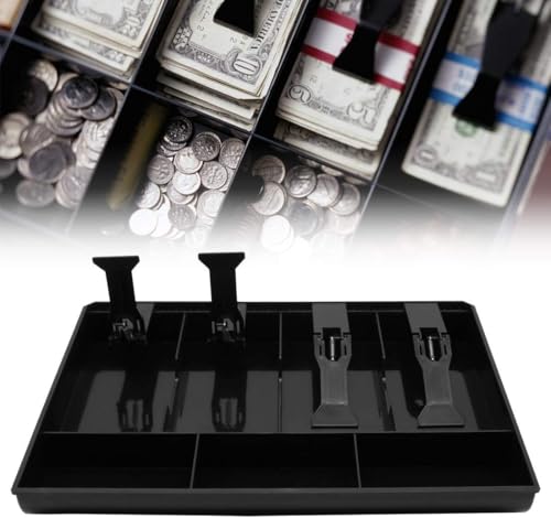Image of Cash Register Drawer Insert Tray, Portable Currency Till Replacement Money Organizer with Spring-Loaded Note Clips and Divided Storage Sections for Shops, Offices and Billing Counters