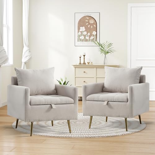 Bonzy Home Accent Chair, Modern Arm Chair with Storage and Button Cushion, Fabric Upholstered Living Room Chairs for Bedroom, Apartment, White