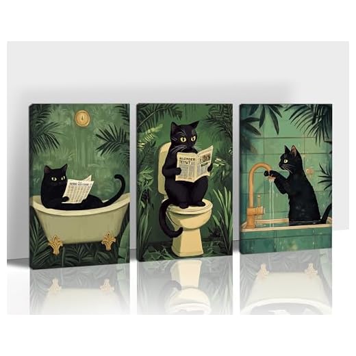 Funny Black Cat Bathroom Wall Art Set