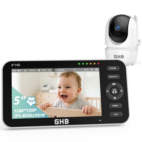 GHB monitor za bebe s kamerom 5-inčni 720P HD zaslon s trajanjem baterije do 168 sati u VOX režimu mirovanja, podijeljeni zaslon, noćni vid, 4X zumiranje