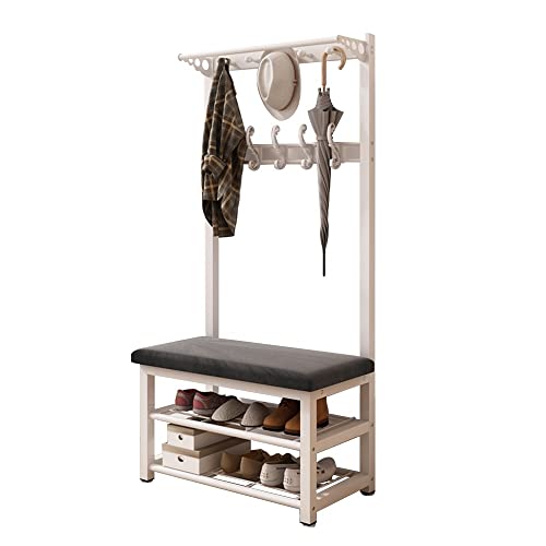 Genérico Perchero de Metal Resistente con Zapatero, Perchero con Banco y Ganchos, Dormitorio, Perchero para Pasillo, salón, vestidor, 80/100 x 33 x 172 cm