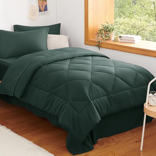 Image of CozyLux Twin XL Comforter Set Forest Green - 5 Pieces Twin Extra Long Bed in a Bag for College Dorm, All Season Bedding Set for Girls and Boys, Soft Bed Set with Comforter, Sheets, Pillowcase & Sham