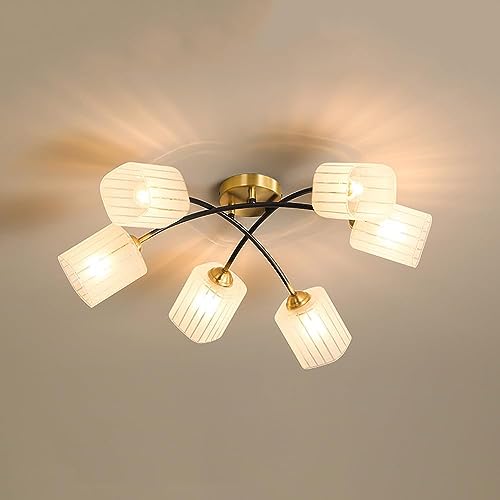Plafonnier Spoutnik 6 lumières laiton or luminaire salon verre givré