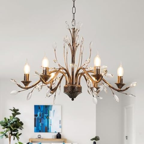 efperfect 6-Light Crystal Chandeliers for Dining Room, Branch Shaped Bronze Flush Mount Ceiling Light, Rustic Farmhouse Pendant Light Fixtures for Bedroom Hallway Kitchen Dining Room Foyer Cover