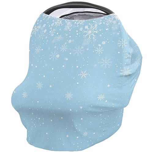 Nursing Cover for Breastfeeding Scarf, Merry Christmas Snowflake Snow Light Blue Baby Car Covers Super Soft Multi Use for Canopy Shopping Cart Cover Blanket Stroller Cover