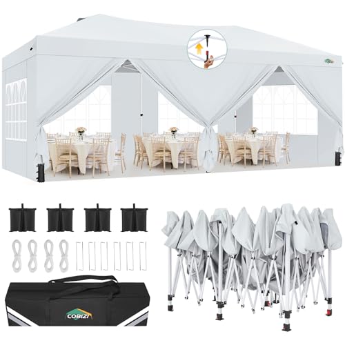 COBIZI Canopy 10x20 Pop Up Canopy Tent with 6 Sidewalls, One Push Party Tents for Parties Outdoor Wedding Waterproof Gazebo Commercial Event Tent with Sandbags, White
