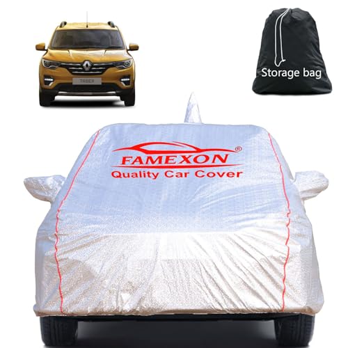 Image of Full Body Car Cover for Renault Triber with Mirror and Antena Pocket Triple Stiched(Silver with Red Piping)