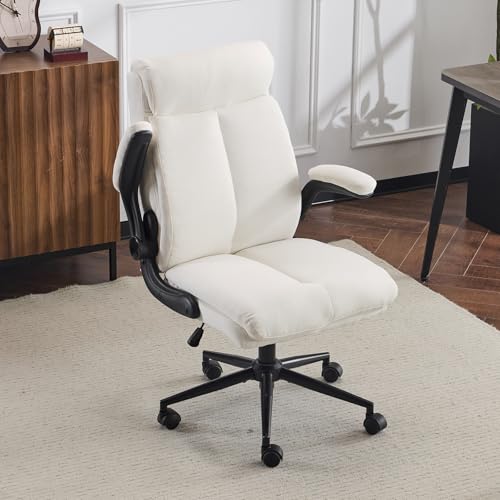 Bonnlo Silla de Escritorio con Reposabrazos Plegable, Silla de Oficina ergonómica, Silla giratoria, Regulable en Altura y Función de Inclinación, Oficina en Casa (Lino, Blanco)