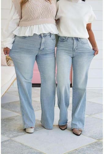 Arisefrom Jeans, Plus Size Vintage Wash Tummy Control Stretchy Top Straight Leg Jeans, High Waisted Jeans for Women3