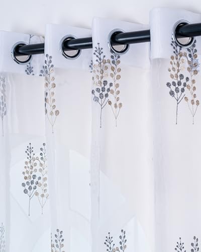 Image of (7 Ft Sheer Tissue with Embroidery Tree Design | Eyelet Window Long Curtain | Window Single Curtain (Golden & Grey) | for Home | (Pack of 1)