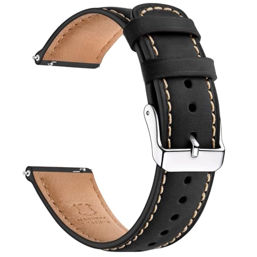 SUNFWR Quick Release Leather Watch Band 20mm for Men Women, Vintage Genuine Leather Strap for Samsung Galaxy Watch 6/Classic/Gear S3/Garmin/Huawei/Timex Watch Bands (20mm, Black/Silver)
