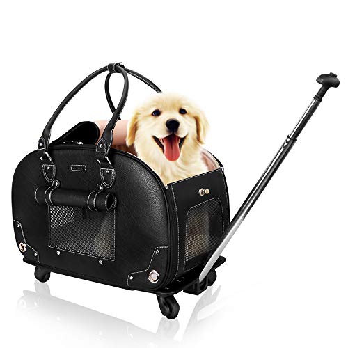 PetsHome Pet Carrier with Wheels, Dog Carrier with Wheels, Waterproof Rolling Travel Carrier with Detachable Wheels & Mat Large Black