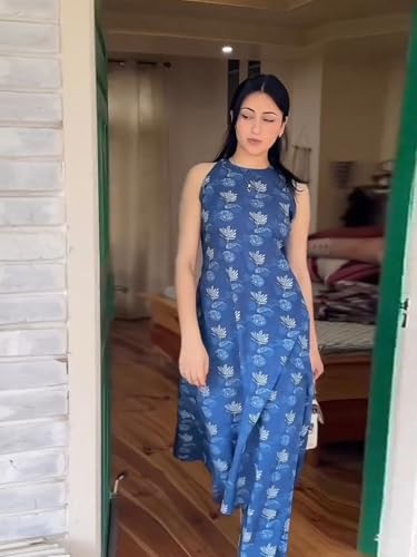 Image of GoSriKi Viscose Printed Straight Kurta with Pant for Women | Viscose Blue | Sleeveless | High Neck | Ethnic Wear Casual Wear