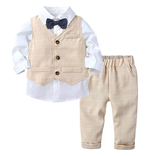 Baby Boys 3Pcs Gentleman Suit Kids Formal Outfits Set Bowtie Long Sleeve Shirt+ Tuxedo Vest+ Pants Beige