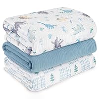 Muslin Swaddle Blankets for Newborn, 3 Pack Breathable Soft Receiving Blanket, Large 38 x 40 inches Swaddle Wrap Burping Clothes Diapers, Essentials Infant Shower Items, Toddler Gift (Blue Dinosaur)
