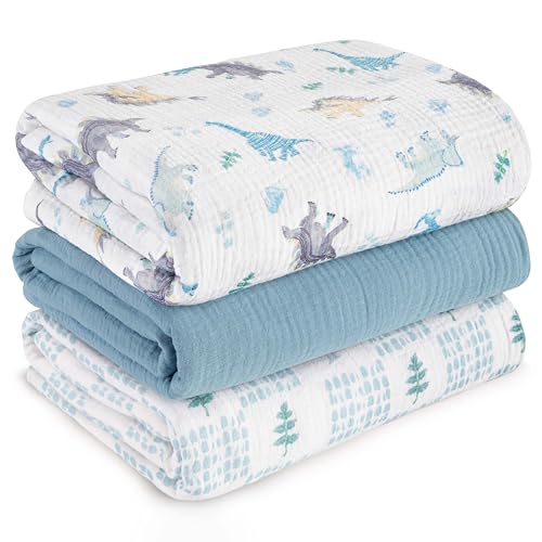 Muslin Swaddle Blankets for Newborn, 3 Pack Breathable Soft Receiving Blanket, Large 38 x 40 inches Swaddle Wrap Burping Clothes Diapers, Essentials Infant Shower Items, Toddler Gift (Blue Dinosaur)