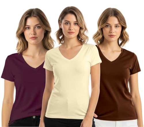 Image of JUNEBERRY Women's Cotton Lycra Regular Fit V- Neck Solid Core Half Sleeve Combo T-Shirt (Pack of 3)