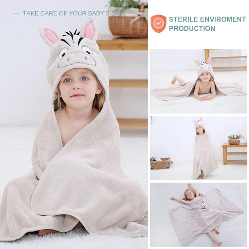 Image of MICHLEY Cartoon Hooded Baby Towel Unisex, Premium Soft Swimming Bathrobe Large Washcloths 27.5 inch x 47 inch for 0-7T (Zebra)