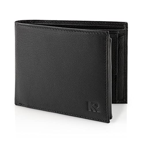 KRONIFY Carteras para Hombre - Cartera de Hombre de Piel Auténtica, con Bloqueador RFID, 13 Compartimentos para Tarjetas, con Cremallera，Bolsillo para Monedas, Caja de Regalo, Nappa Negro