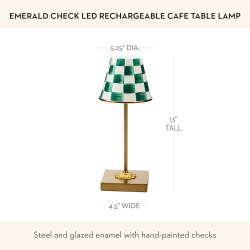 Image of MACKENZIE-CHILDS LED Rechargeable Cafe Table Lamp, Cordless Decorative Lamp, Green-and-White Emerald Check