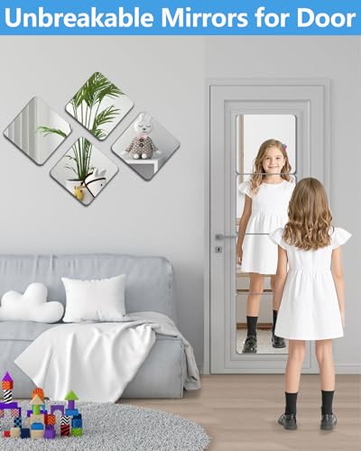 Image of Unbreakable Mirror Tiles, Self Adhesive, 16 x 12 Inch, Toddler Mirror for Classroom, Peel and Stick on Small Mirrors for Wall Decor, Shatterproof