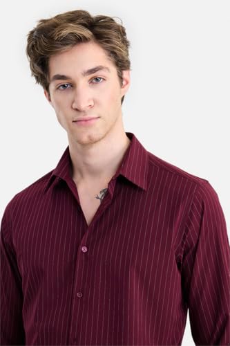 Image of SNITCH Luxe Men Formal Shirt | Slim Fit Full Sleeve Spread Collar Pinstripe Design | Breathable Viscose Blend & Stretch Fabric for Office Wear & Business Meetings