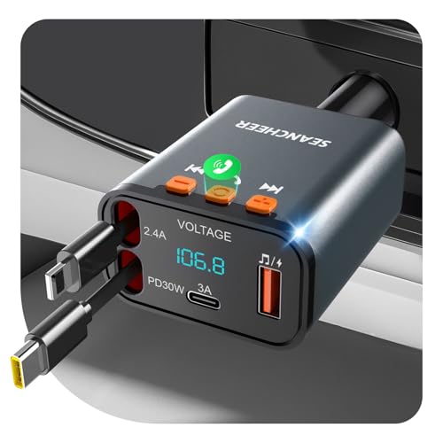 SEANCHEER Bluetooth Adapter Auto & Zigarettenanzünder USB C, 69W KFZ Ladegerät mit 2 Einziehbare Kabel, FM Transmitter Auto Bluetooth 5.3, 24V/12V USB Adapter Auto (Grau [USB-C+Lightning])