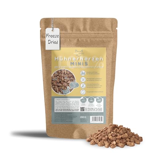BARFAWAY Gefriergetrocknete Hühnerherzen Minis 100% Pures Fleisch Hundeleckerli und Katzenleckerli Getreidefrei Zuckerfrei Ohne Zusätze 250g