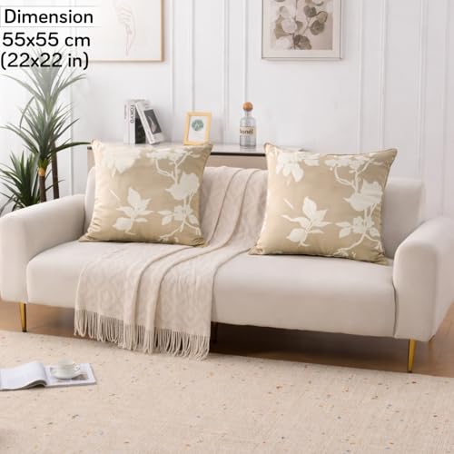 Image of HOKIPO 'Elira Series' Stretchable Cushion Cover for Sofa 22 inch x 22 inch, Packof 2, Buff Brown Sillehoute Floral (AR-6712-C7*2)
