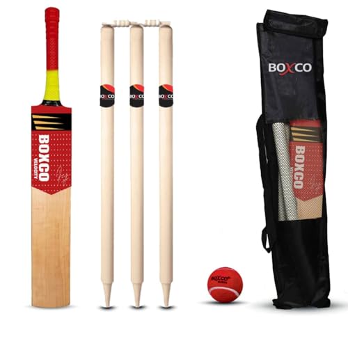 Image of Boxco Velocity Wooden Cricket Kit - Includes 5no Capsule Cricket Bat, 3 Wickets, Heavy Tennis Cricket Ball, 2 Bails & Carry Bag (Age Group 9 to 12)