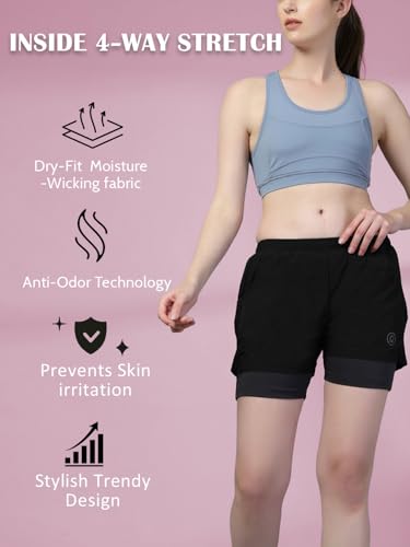 Image of CHKOKKO Gym Shorts for Women Workout Sports Running Quick Dry Fit Double Layer Inner Compression with Pockets Breathable Lightweight Wear