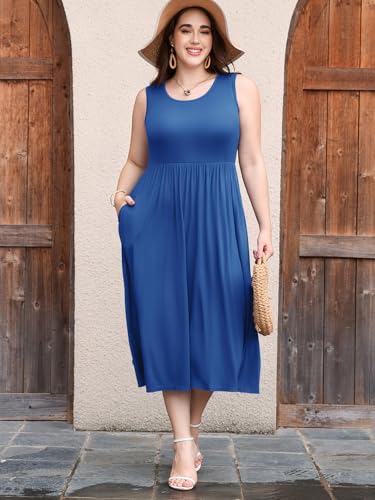 Image of LARACE Women's Plus Size Sleeveless Maxi Dress Casual Crew Neck Pleated Flowy Long Dresses with Pockets L-6XL