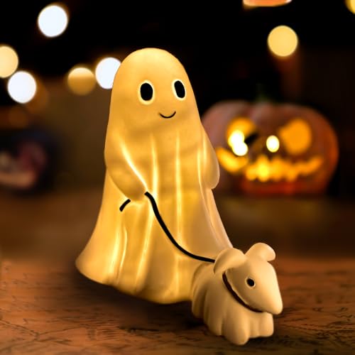 RWSEFK Ghost Walking Dog Display Statue Nightlight Warm Lighted Indoor Figurine Lamps Halloween Decors Spooky Dog Light Cute Decorations for Party Home Bedroom Shelf Table Centerpiece (Boy)