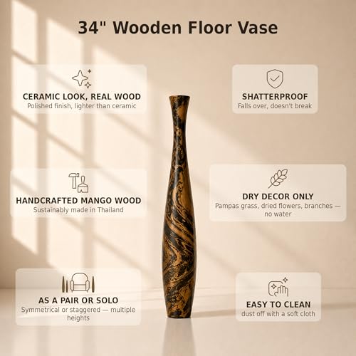 Image of Leewadee Large Brown Light Brown Home Decor Floor Vase - Wooden 34 inches Tall Farmhouse Decor Flower Holder for Fake Plant and Pampas Grass