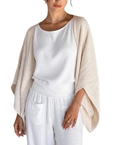 Women's Cotton Linen Shrug Kimono Sleeve Open Front Casual Loose Cover Ups Lightweight Cardigan