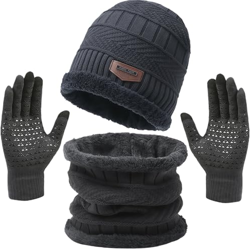 Image of GWAWG Winter Hat Scarf and Gloves Set, Thermal Fleece Lined Beanie, Winter Knitted Neck Warmer and Touchscreen Gloves for Cold Weather, Gift Ideas for Men Women (Grey)