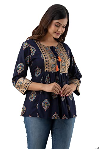 Image of DMP FASHION Women's Rayon Classic Printed Boota Top with Beautiful Tassels and Buttons at Front Black