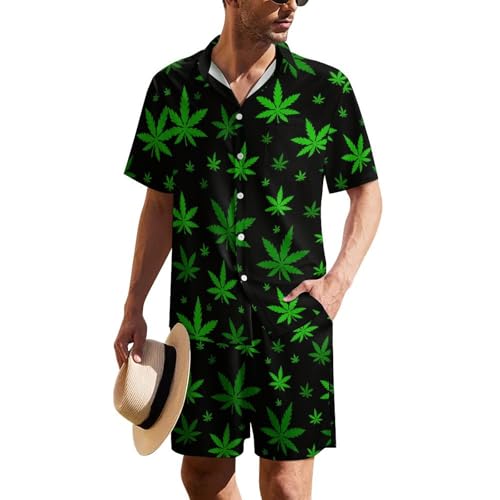 Marijuana Green Weed Men's Lightweight Sleepwear Button-Down Short Sleeve Pajamas Summer Loungewear