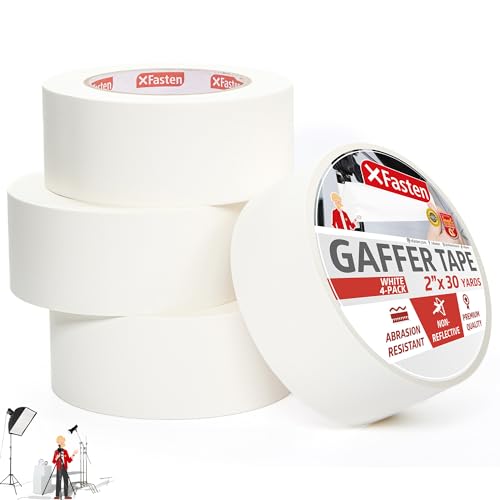 XFasten White Gaffers Tape 2 Inch x 30 Yards, Residue-Free Strong Adhesion (4-Pack 360-feet Total...