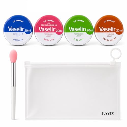Lip Balm Set 4 x 20g Rosy Lips Original Aloe Vera & Cocoa Butter | Bundle with Silicone Lip Applicator and Buyvex Travel Pouch
