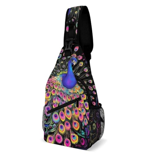 Mochila Cruzada Arte De Flores De Pavo Real Neón Sling Bag Hombres Y Mujeres Crossbody Multiusos Bolsa Cruzada Bandoleras Para Viaje Deporte