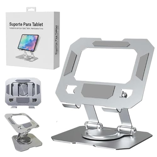 Suporte para Tablet em Aço Carbono Com Metal Resistente Apoio para Mesa Pedestal Portátil Dobrável Articulado Base Rotativa 360º Design Moderno Ajustável Antiderrapante Ampla Compatibilidade