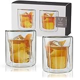 Viski Double Walled Rocks Glasses - Insulated Whiskey Tumblers with Cut Crystal Design - Dishwasher Safe 10.5oz Set of 2