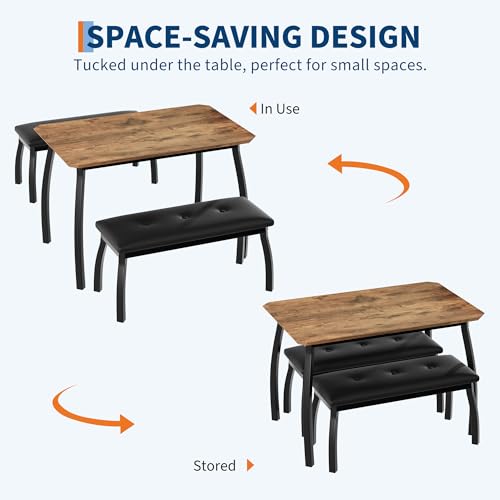 Garvee 43'' Dining Table with 2 Upholstered Benches, Industrial Dining Table Set with Heavy Duty Metal Frame, 3-Piece Kitchen Furniture for Small Spaces, Studio, Restaurant, Home, Retro