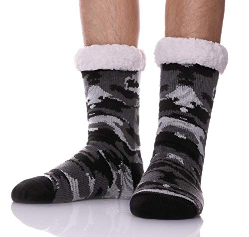 MSMETRO Mens Fuzzy Slipper Socks Super Soft Thick Warm Fleece Lining Knit Non Slip Thermal Winter Home Socks (Camouflage Color - Drak Gray)