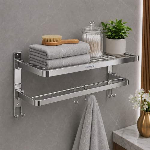 Image of EVANEX Towel Rack for Bathroom 304 Stainless Steel Towel Holder 24 Inch Folding Towel Rack with Shelf, Rustproof Wall Mounted Towel Stand in Bathroom, Heavy Duty Bathroom Organiser