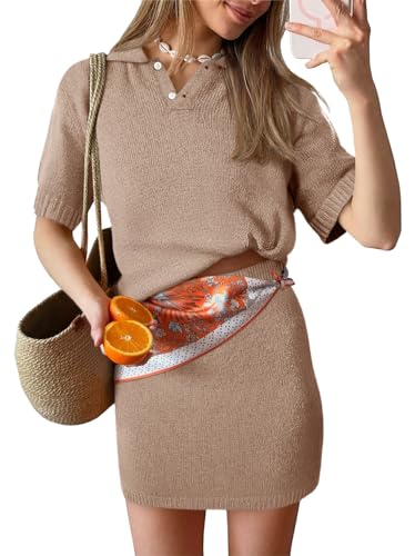 Image of Tankaneo Womens Skirt 2 Piece Sweater Sets Short Sleeve V Neck Knit Polo Shirts Mini Skirts Summer Beach Vacation Outfits