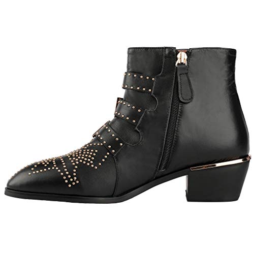 Arqa Women's Studded Ankle Boots Leather Multiple Buckle Chunky Heel Booties Almond Toe Zipper Punk Boot2