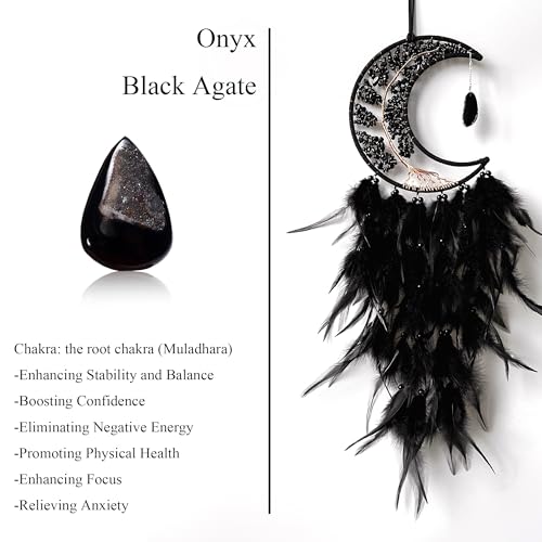 Moon Dream Catchers with Chakra Gemstone Agate Stone, Crystal Tree Life Dream Catchers Wall Hangings Room Decor (Black)