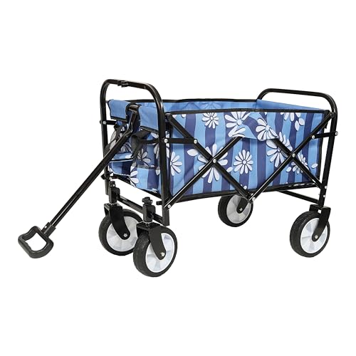 ESPIDOO Foldable Wagon Cart: Heavy-Duty Metal Frame with All-Terrain Wheels for Beach Camping Shopping - Blue Striped Utility Cart Supports 225lbs for Outdoor Families2